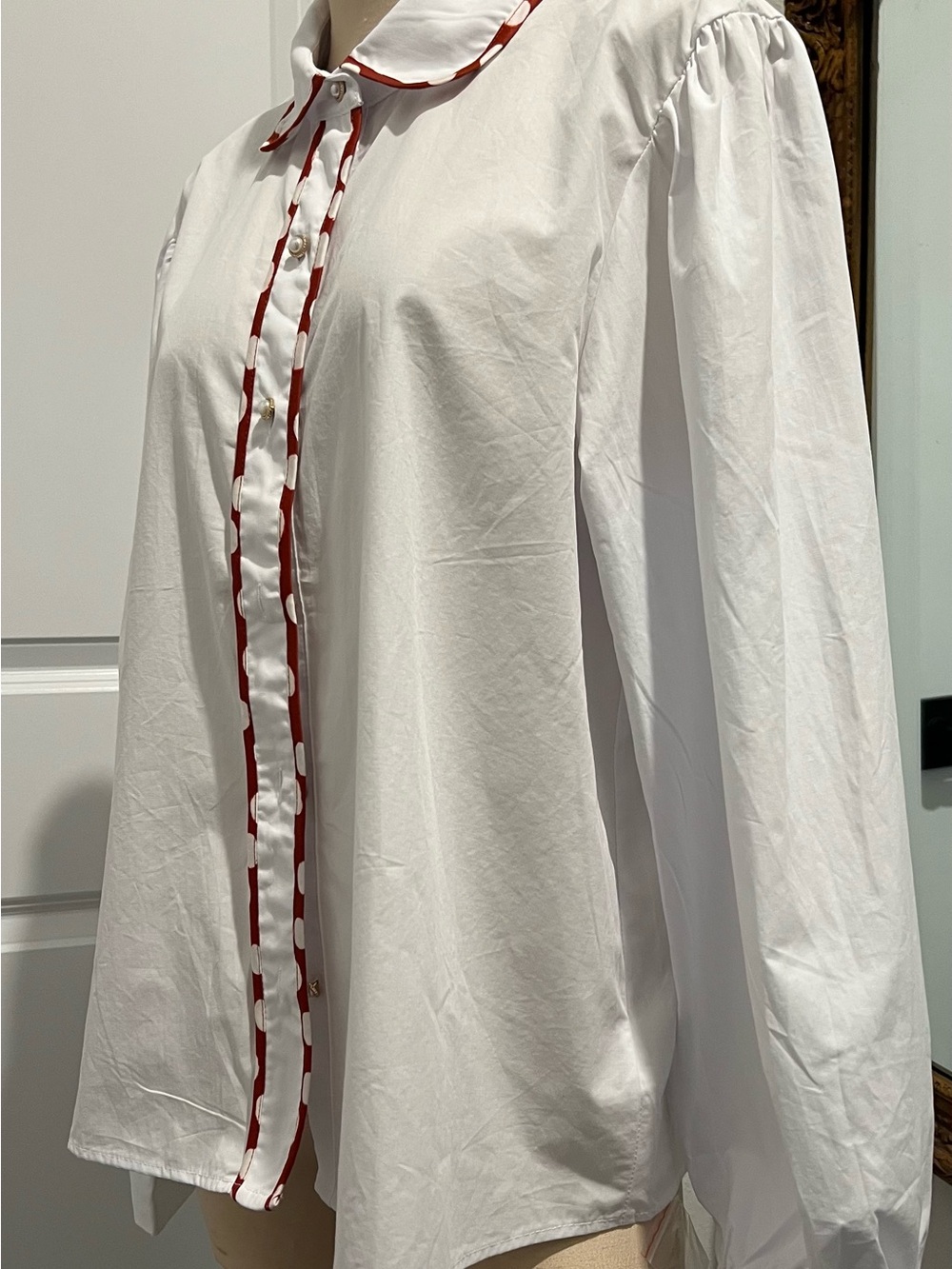 White Button-Down Shirt with Red Trim